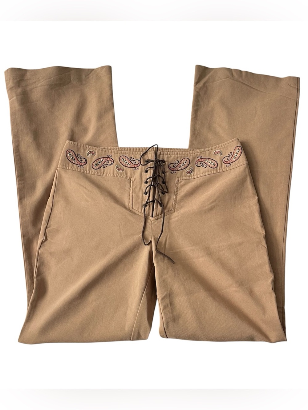 Vintage Tan Embroidered Waitband Lace Up Flare Pants Y2K Hippie Boho READ